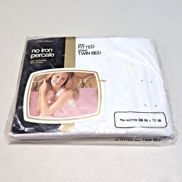 VTG JCPenney Twin Fitted Sheet White No Iron Percale 50/50 Poly/Cotton NEW READ - Picture 1 of 8